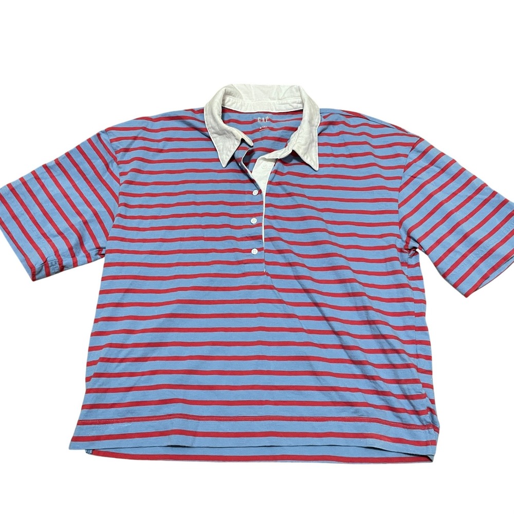Gap Women's Medium Tall Red Blue Striped Short Sleeve Cropped Rugby Polo Shirt